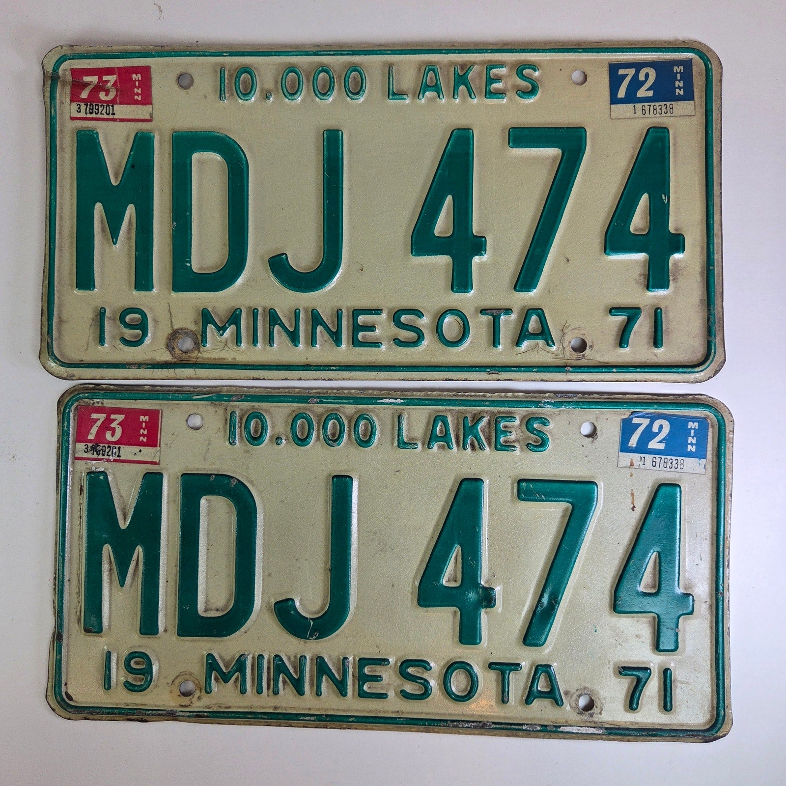 1971 Minnesota License Plate Pair w/ 72 73 Tabs – MDJ 474 – Vintage MN Tags
