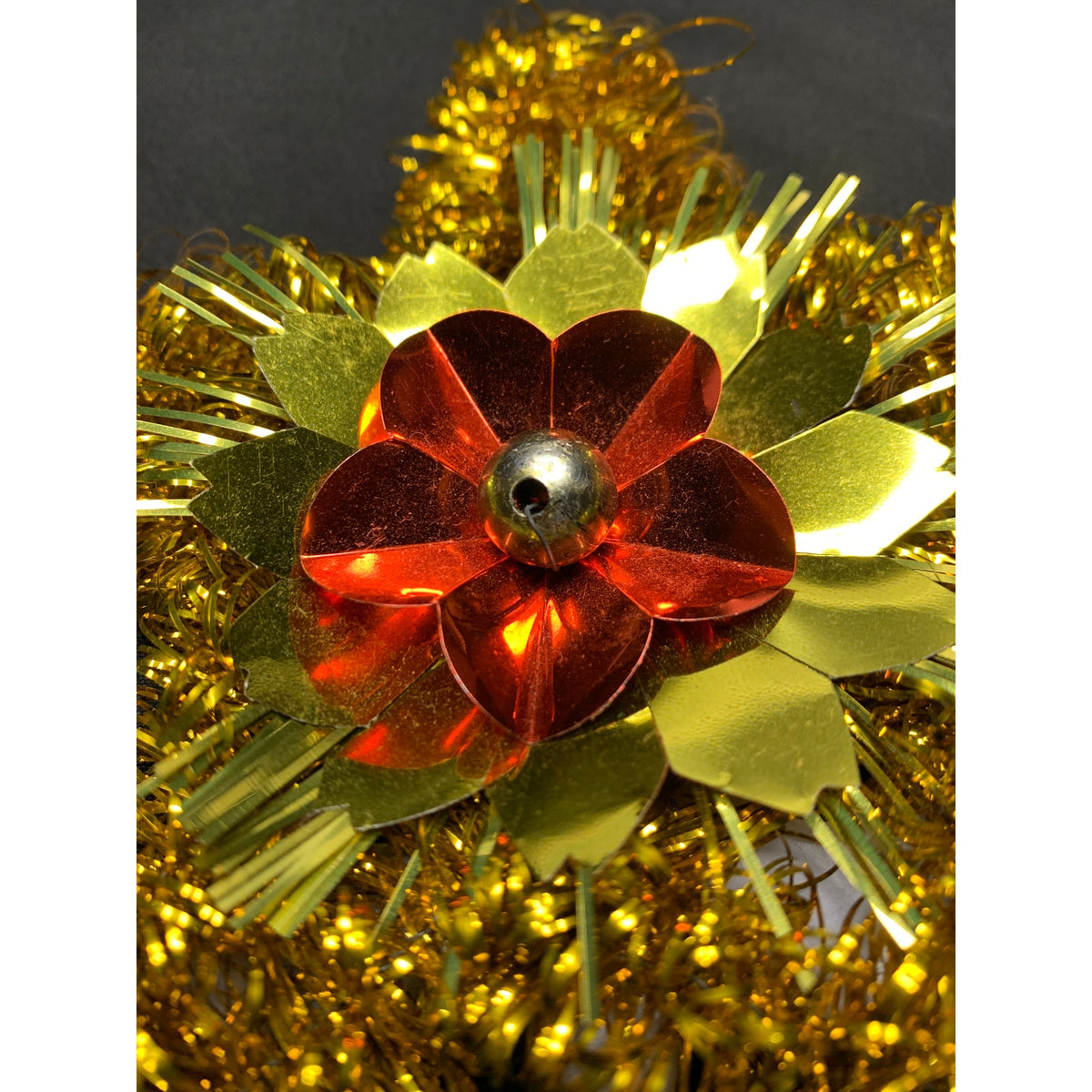 Vintage 1970s Gold Tinsel Star Christmas Tree Topper Red Foil Flower